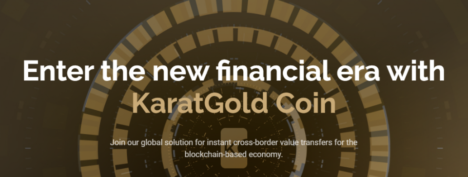 Thuispagina van Karatbit met de tekst 'Enter the new financial era with KaratGold Coin'.