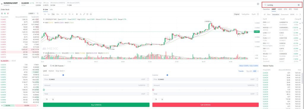 MEXC Sundog token kopen