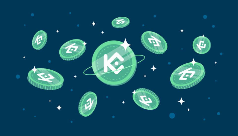 KuCoin Token (KCS) coins falling from the sky. KCS cryptocurrenc