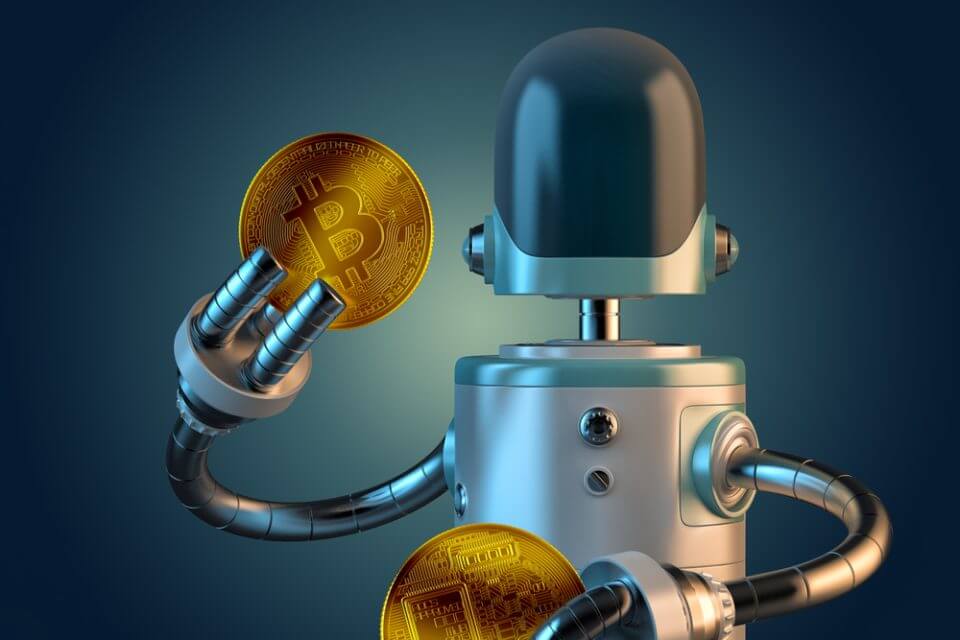 Robot hold bitcoin coins. 3D illustration. Isolated