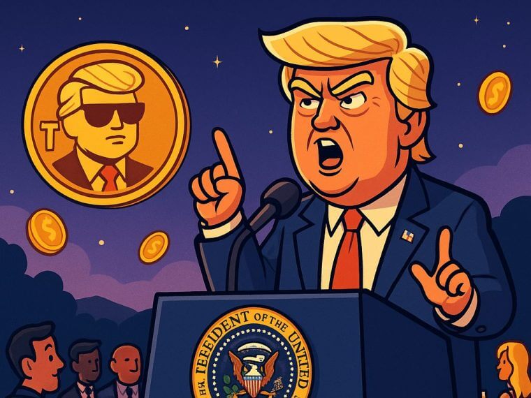 trump memecoin diner podium cartoonstijl presidentieel zegel
