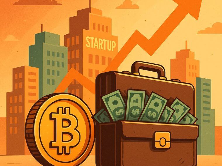 crypto startup investment rise briefcase bitcoin arrow