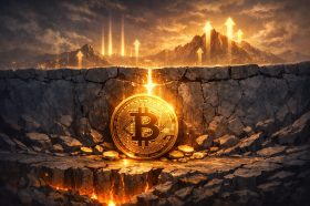 A Bitcoin coin in front of a falling price chart
