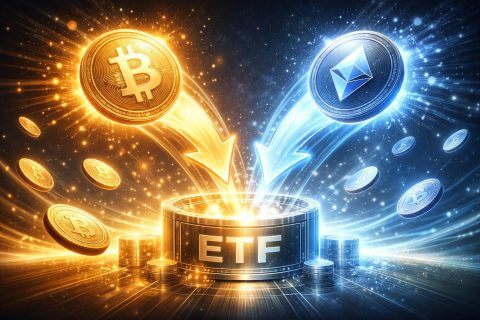 Wall Street building with Bitcoin and Ethereum symbols