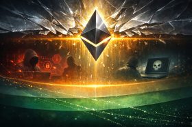 The Ethereum logo above a network of connections
