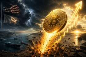 A Bitcoin coin with a green price chart