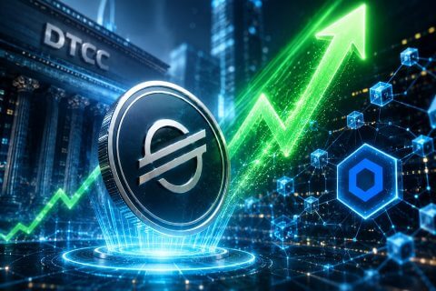 The Stellar logo over a rising price chart