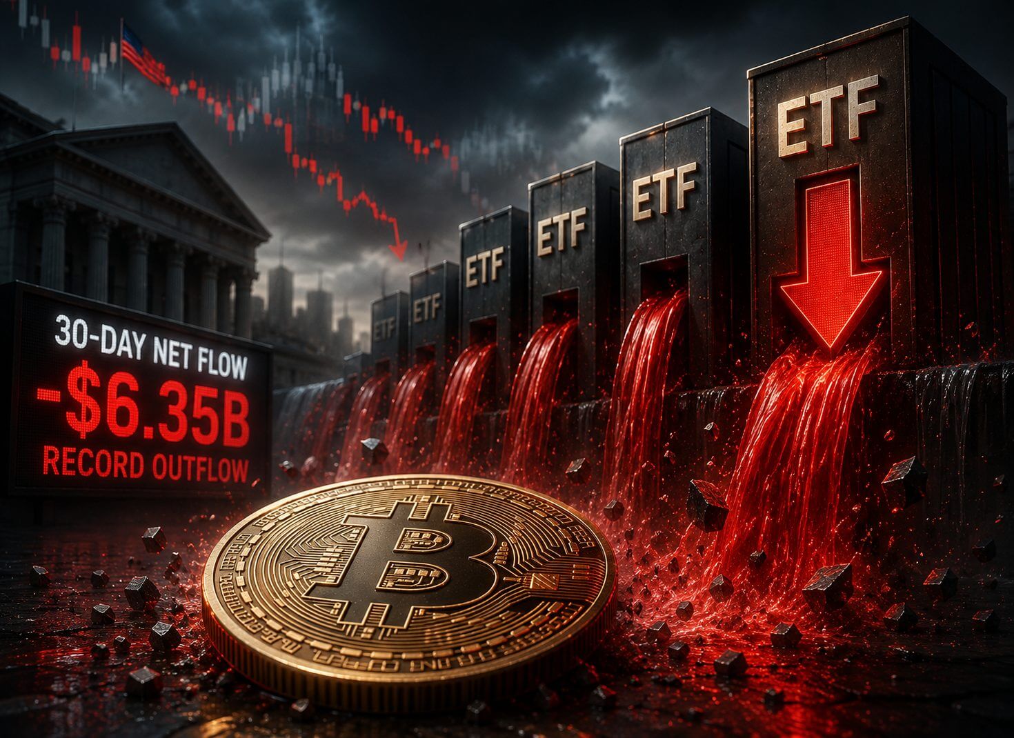 Bitcoin ETFs boeken record uitstroom van $6,35 miljard in 30 dagen