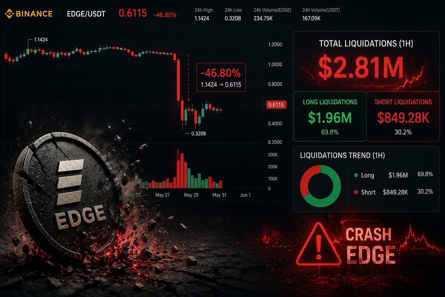 EDGE token crasht 46% en liquideert $2,81 miljoen in één uur